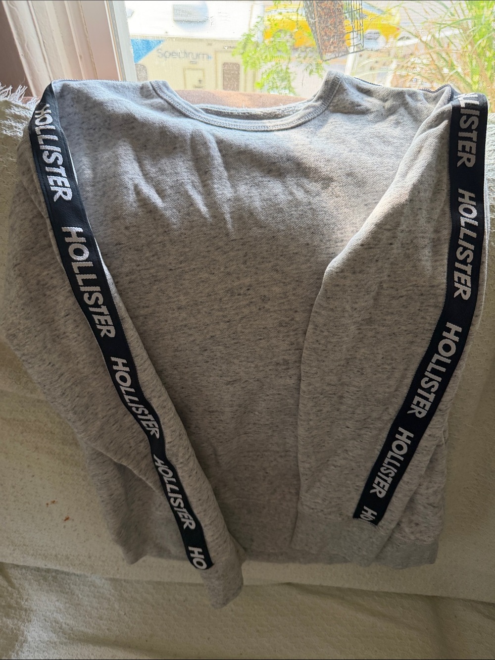Hollister mens Grey Sweatshirt with Navy Logo Sleeve Tape
